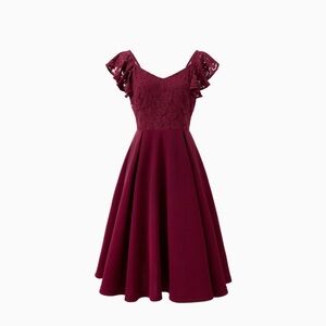 Wine Red A-Line Dress Lace Ruffle Sleeve, Women XL.